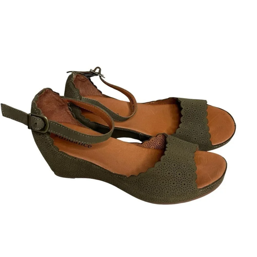 Sundance Olive Leather Laser Cut Wedge Sandals Size 39 New Vacation Capsule